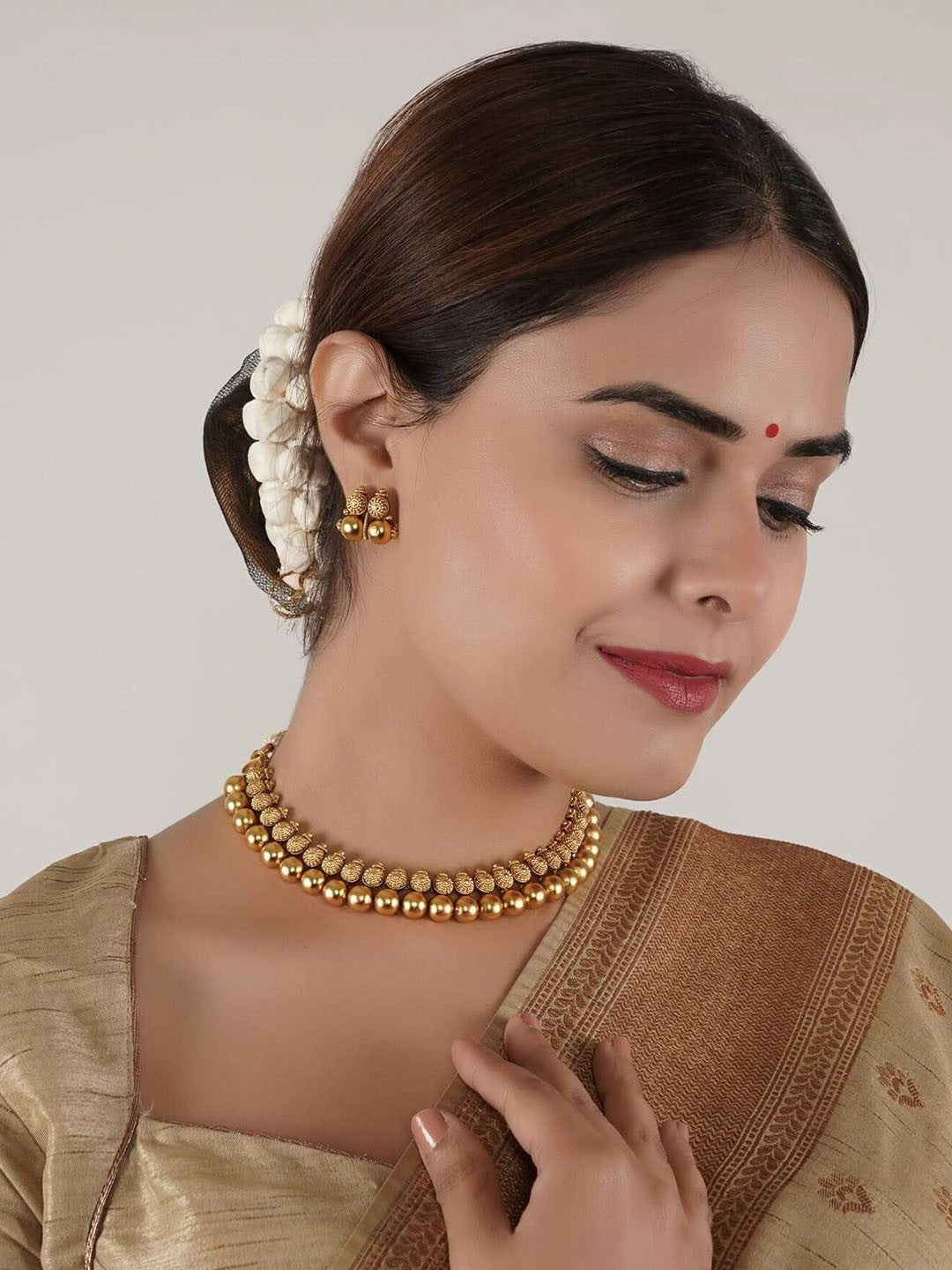 Gold-Plated Beaded Antique Choker Necklace Set with Earrings