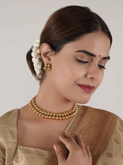 Gold-Plated Beaded Antique Choker Necklace Set with Earrings