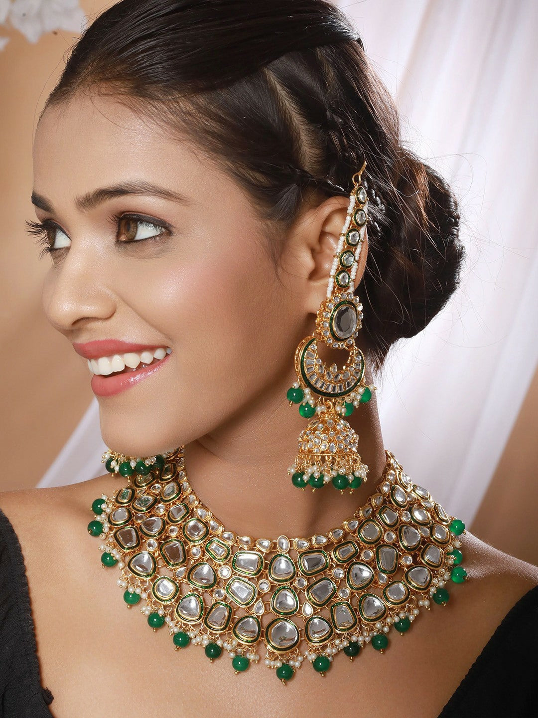 Gold Plated Kundan & Pearl Beaded Necklace Set with Earrings