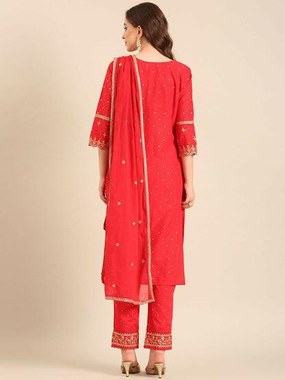 Red Floral Embroidered Straight Kurta with Palazzos and Dupatta