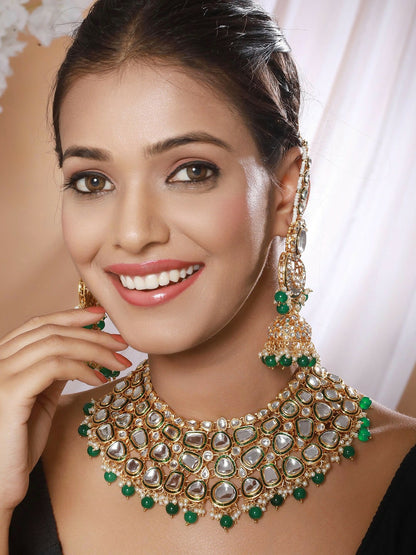 Gold Plated Kundan & Pearl Beaded Necklace Set with Earrings