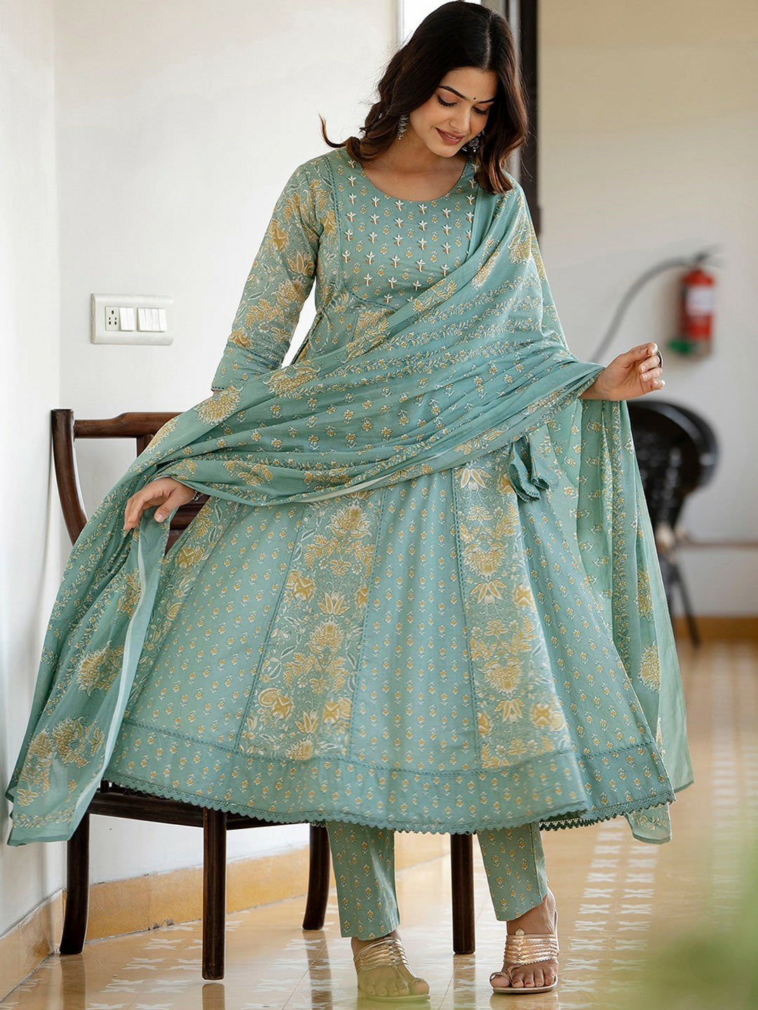 Green Floral Printed Panelled Anarkali Kurta with Trousers & Dupatta