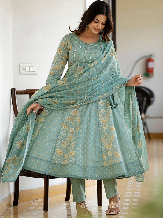 Green Floral Printed Panelled Anarkali Kurta with Trousers & Dupatta