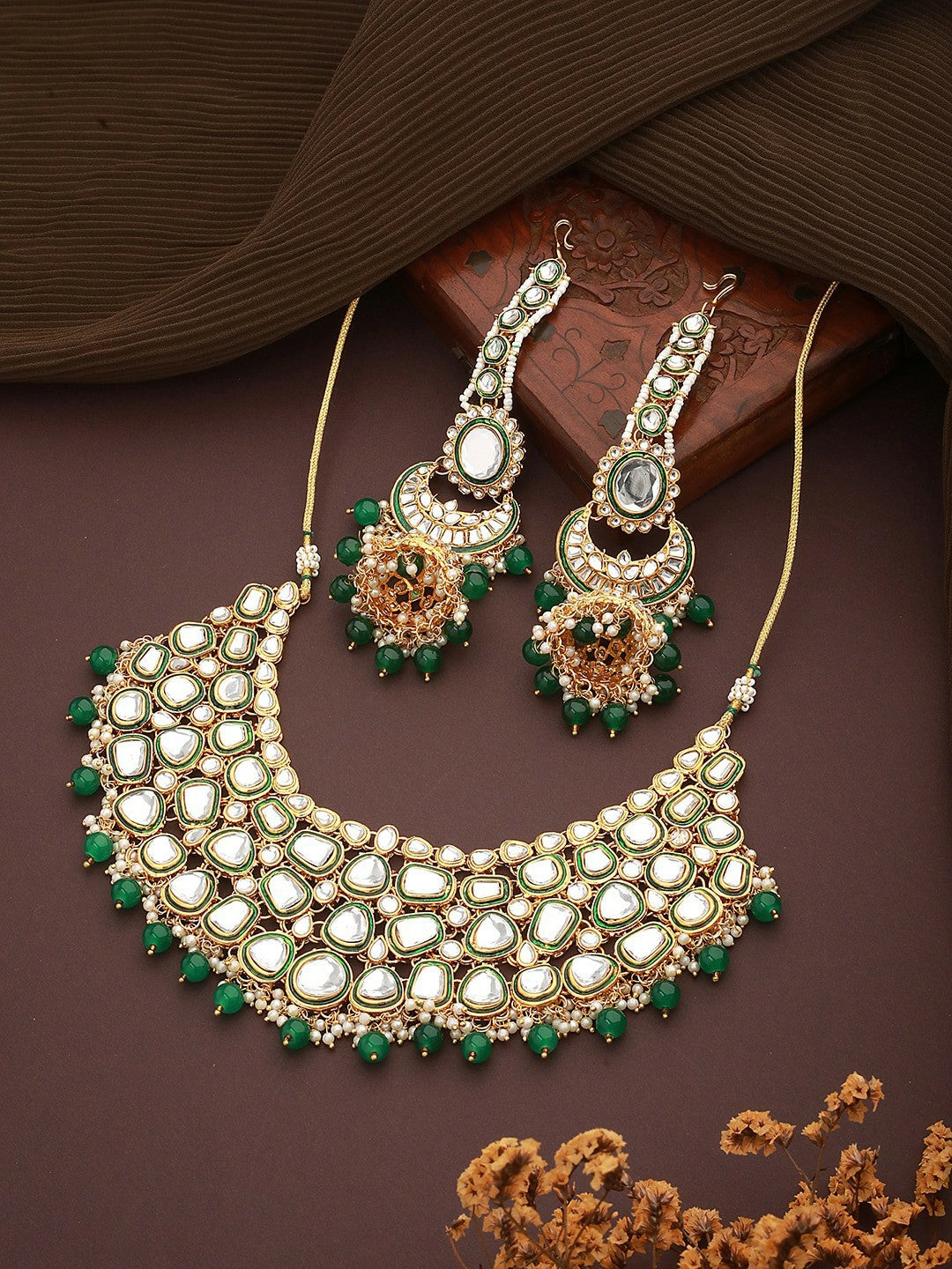 Gold Plated Kundan & Pearl Beaded Necklace Set with Earrings
