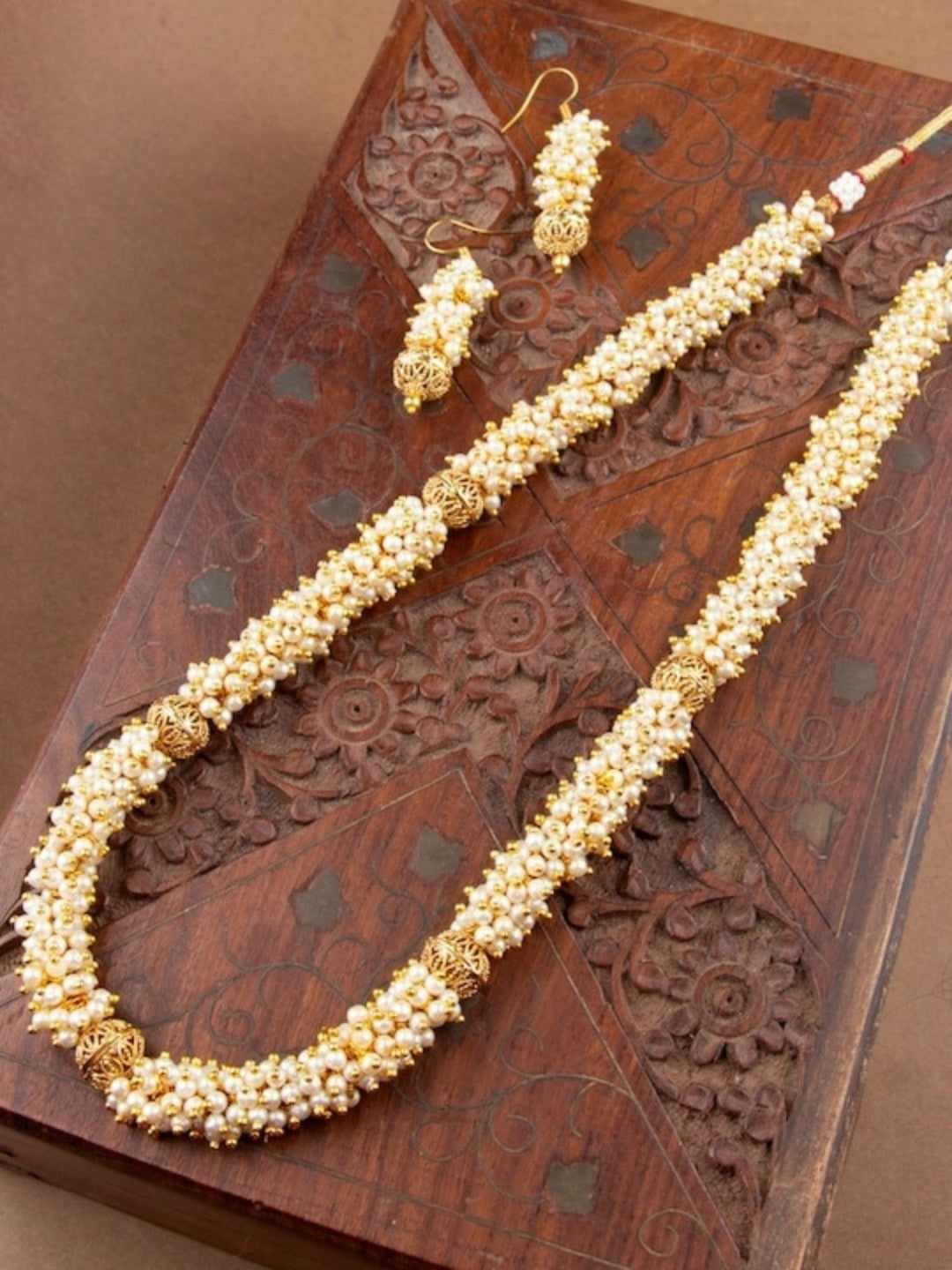 Gold-Plated White Pearl Necklace & Drop Earrings Set