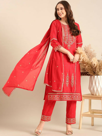 Red Floral Embroidered Straight Kurta with Palazzos and Dupatta