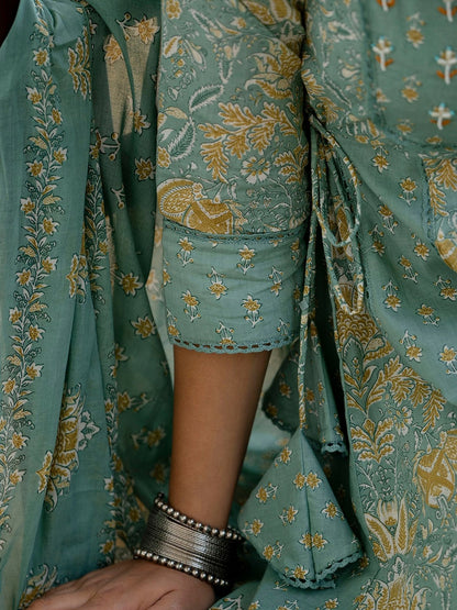 Green Floral Printed Panelled Anarkali Kurta with Trousers & Dupatta