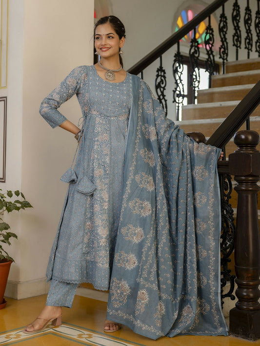 Grey Floral Anarkali Kurta Set with Printed Trousers & Dupatta
