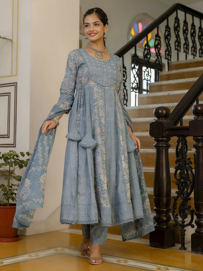 Grey Floral Anarkali Kurta Set with Printed Trousers & Dupatta