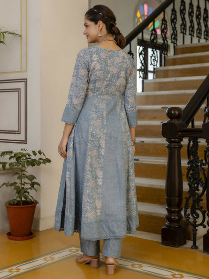 Grey Floral Anarkali Kurta Set with Printed Trousers & Dupatta