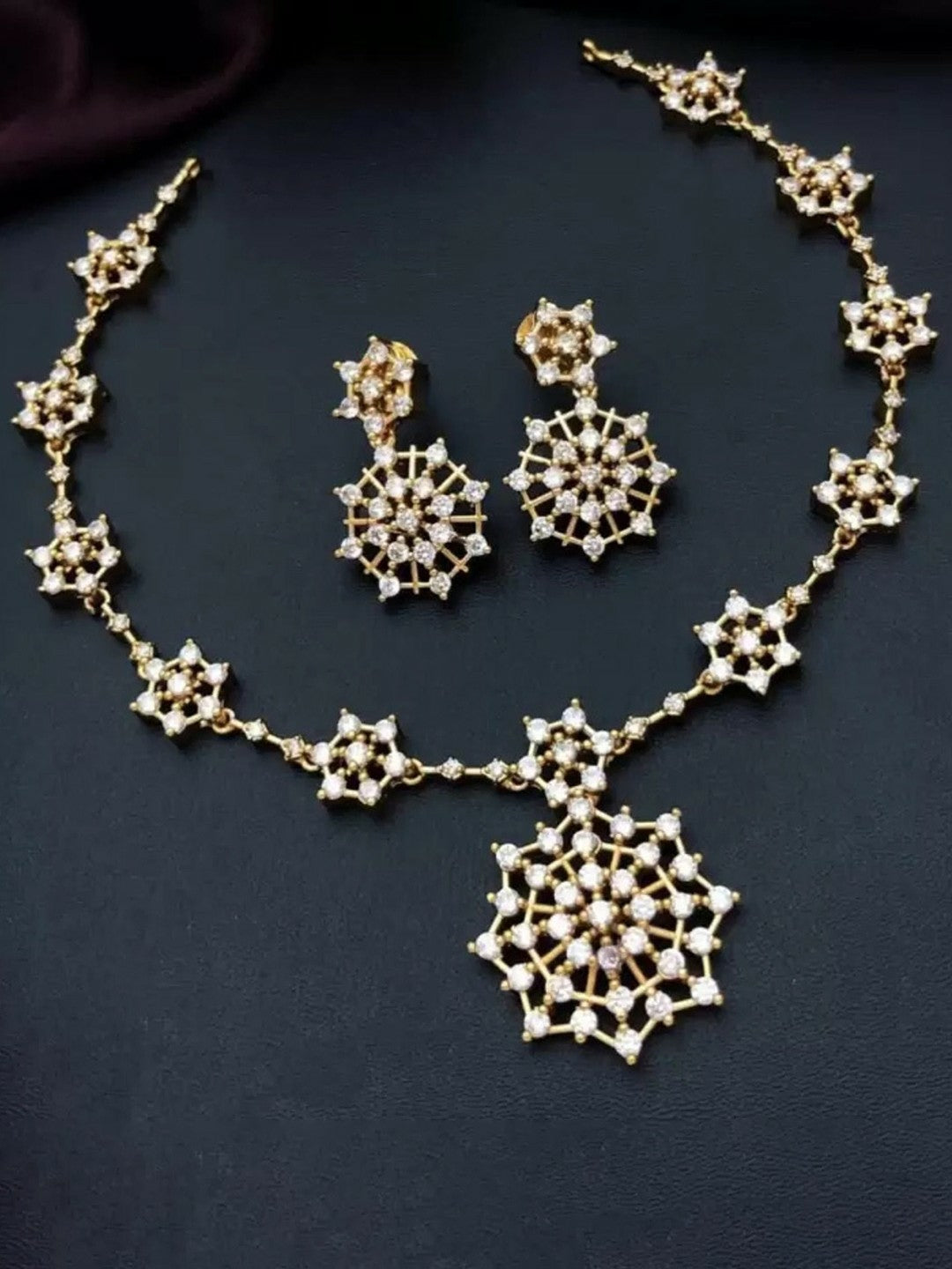 Gold-Toned Cubic Zirconia Studded Choker Necklace Set with Earrings