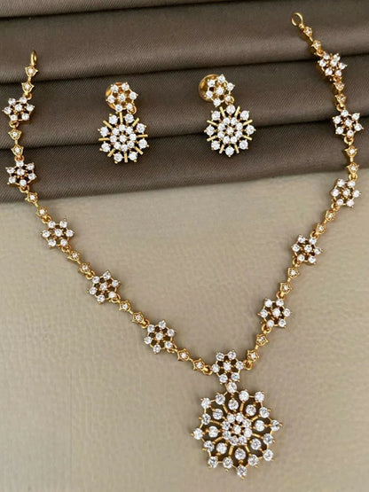 Gold-Toned Cubic Zirconia Studded Choker Necklace Set with Earrings