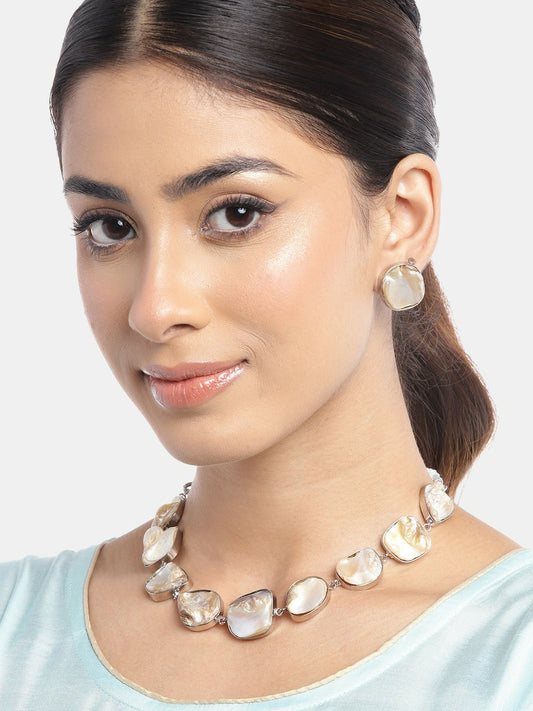 Silver-Plated Pearl Studded Necklace & Earrings Set