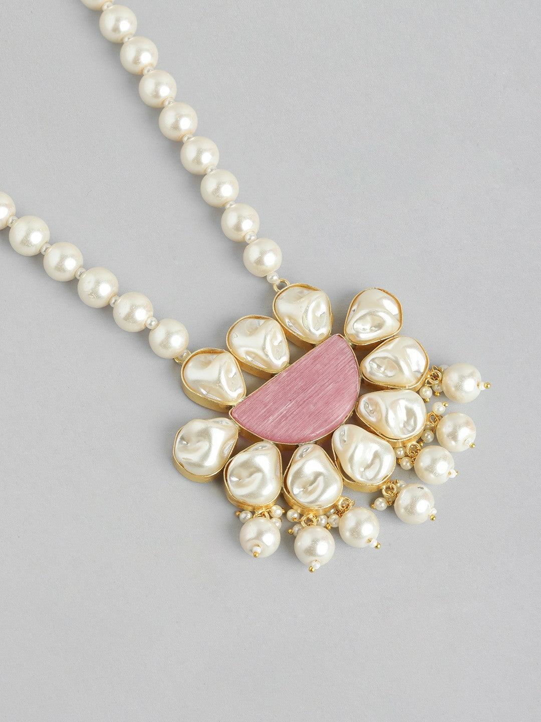 Gold Plated Long Necklace & Earrings Set with MOP & Quartz Stones