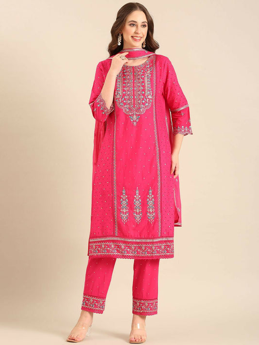 Pink Embroidered Round Neck Straight Kurta with Trouser & Dupatta