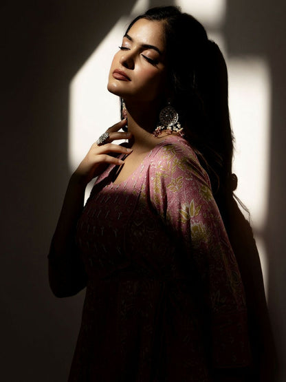 Pink Floral Anarkali Kurta Set with Dupatta