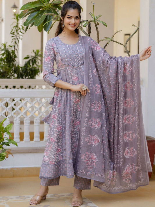 Purple Floral Yoke Anarkali Kurta Set with Printed Trousers & Dupatta
