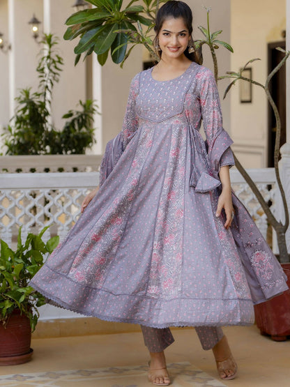 Purple Floral Yoke Anarkali Kurta Set with Printed Trousers & Dupatta
