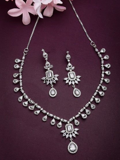 Rhodium-Plated American Diamond Necklace & Earrings Set
