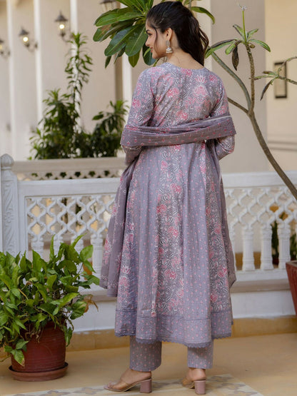 Purple Floral Yoke Anarkali Kurta Set with Printed Trousers & Dupatta