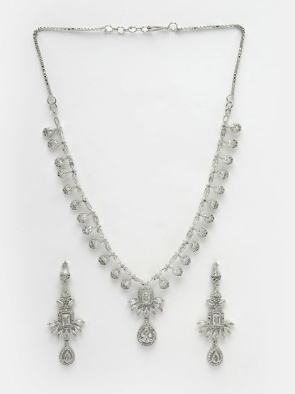 Rhodium-Plated American Diamond Necklace & Earrings Set