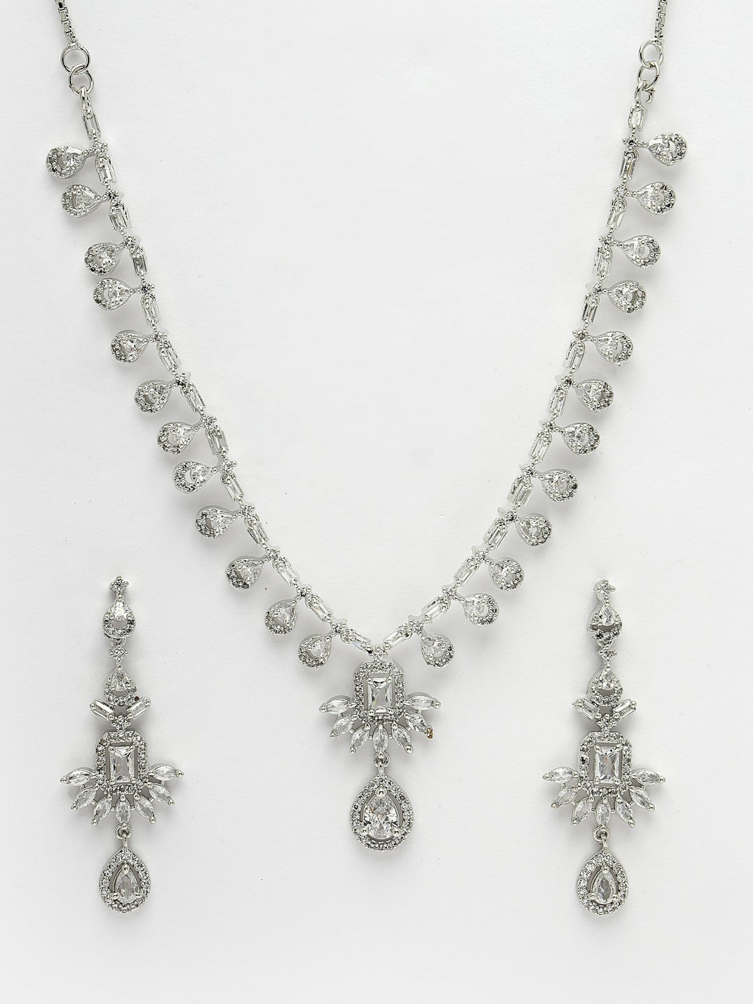 Rhodium-Plated American Diamond Necklace & Earrings Set