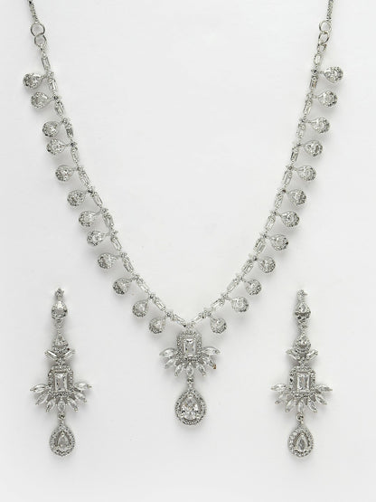 Rhodium-Plated American Diamond Necklace & Earrings Set