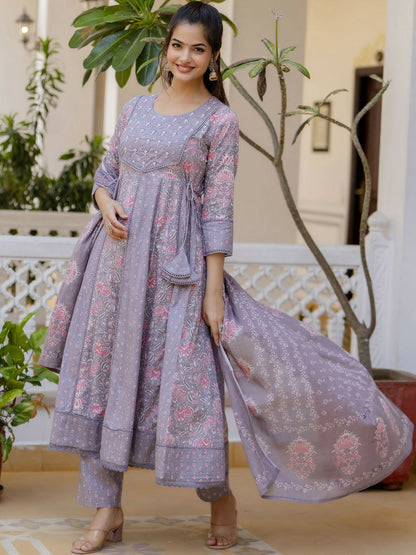 Purple Floral Yoke Anarkali Kurta Set with Printed Trousers & Dupatta