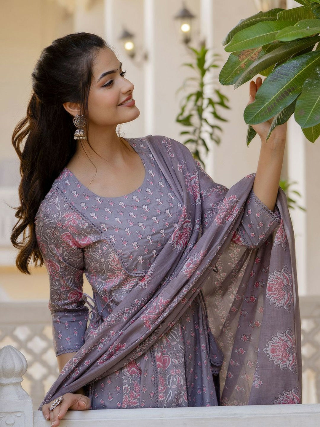 Purple Floral Yoke Anarkali Kurta Set with Printed Trousers & Dupatta