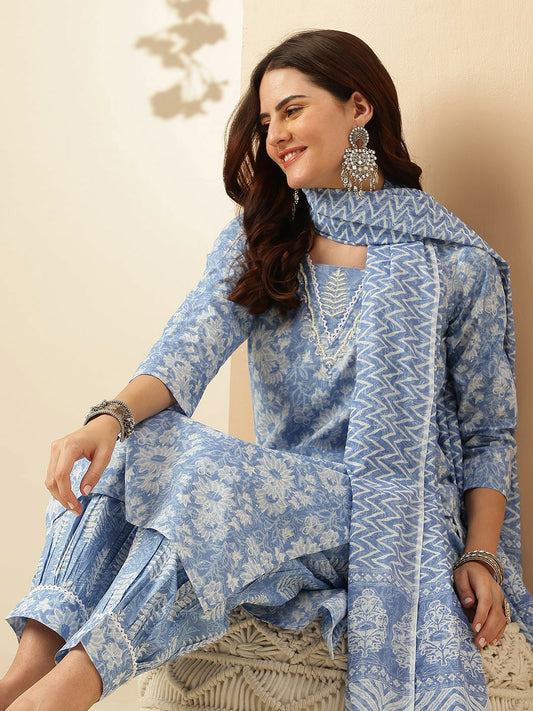 Blue Floral Printed Kurta with Patiala & Dupatta