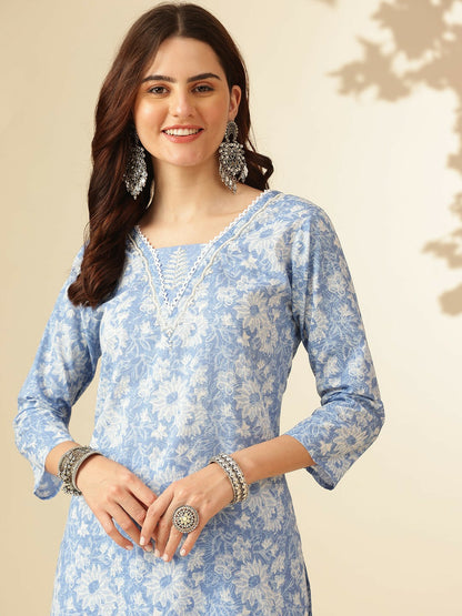 Blue Floral Printed Kurta with Patiala & Dupatta