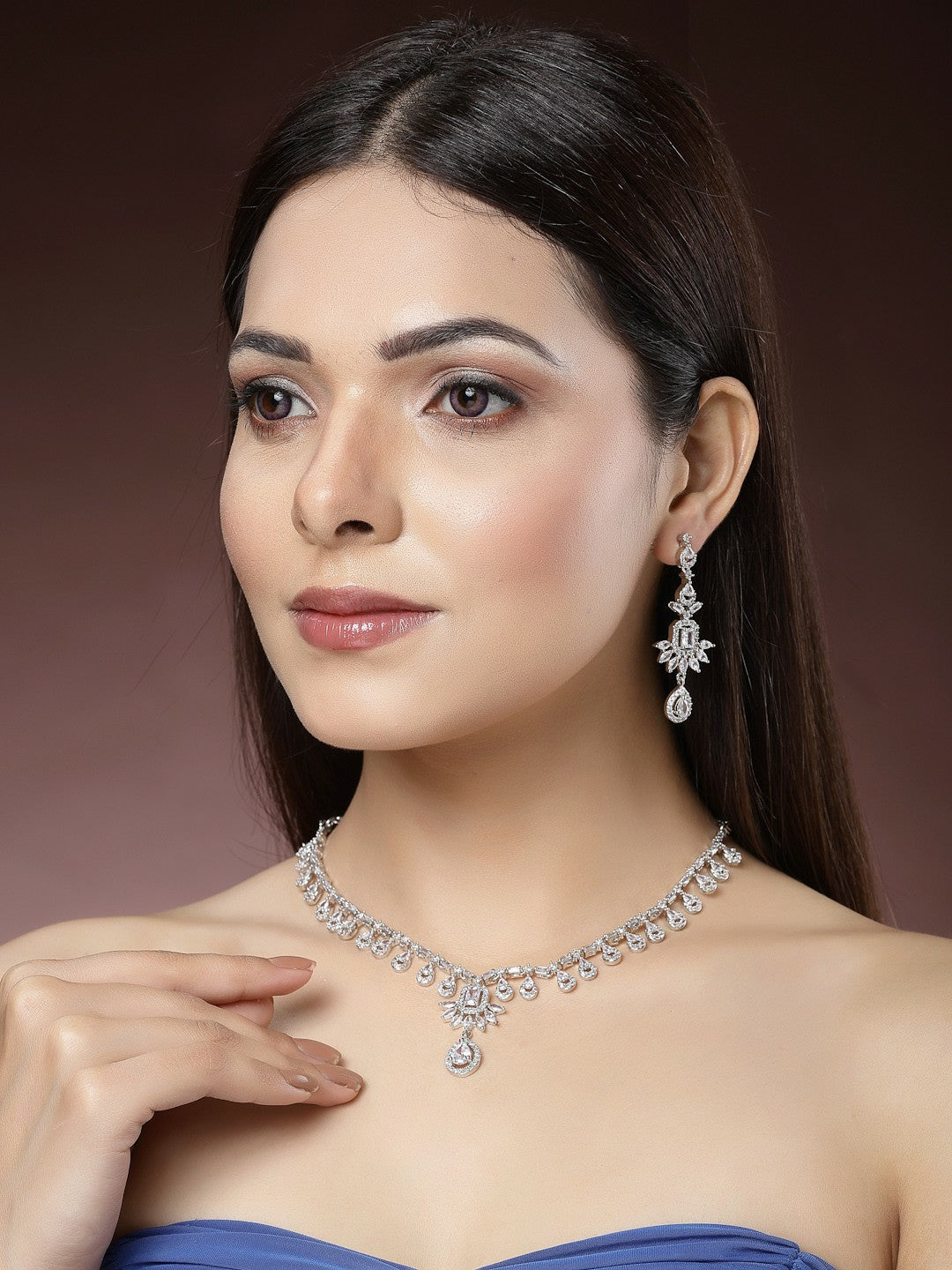Rhodium-Plated American Diamond Necklace & Earrings Set