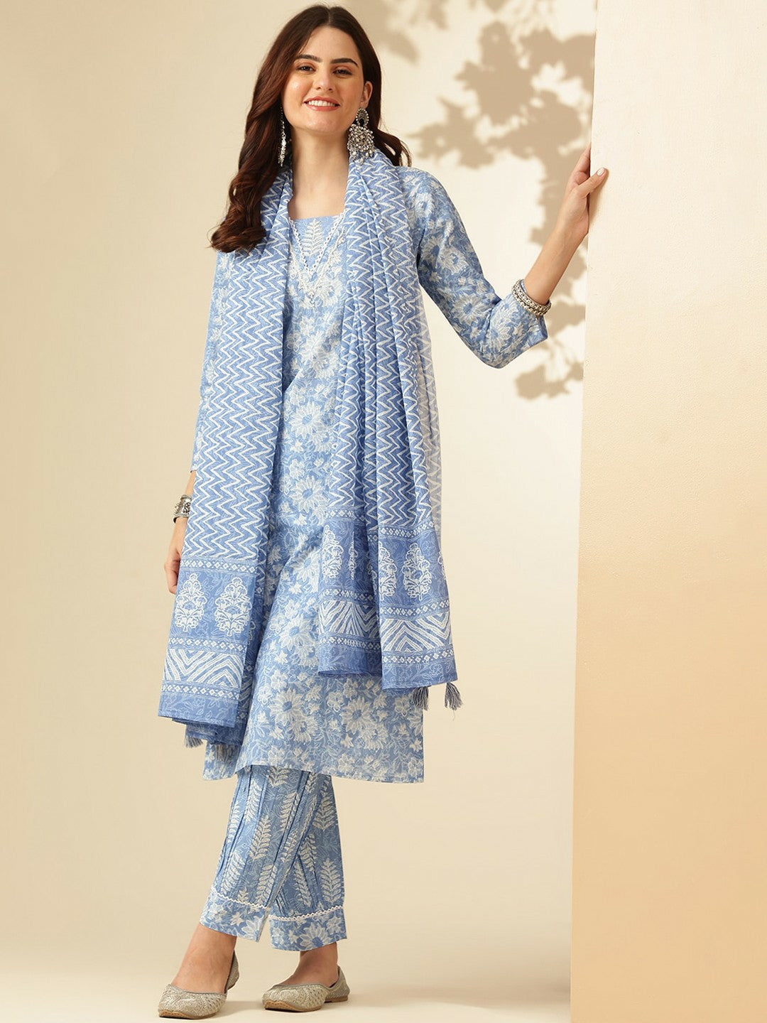 Blue Floral Printed Kurta with Patiala & Dupatta