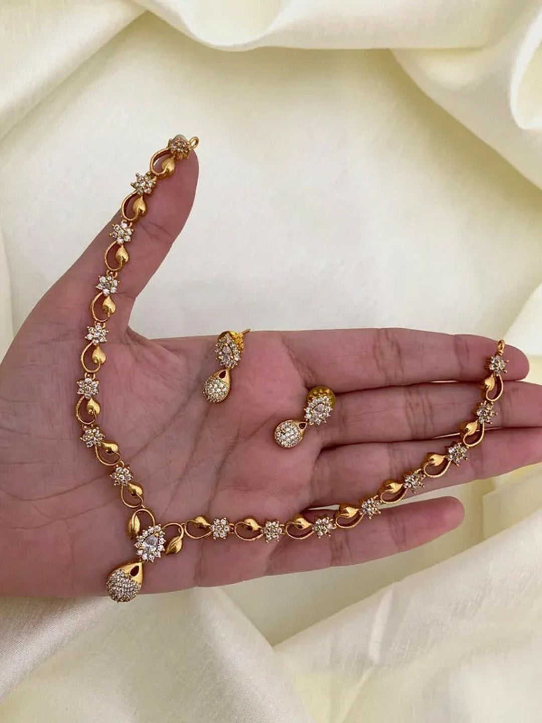 Gold-Plated Cubic Zirconia Studded Necklace & Earring Set