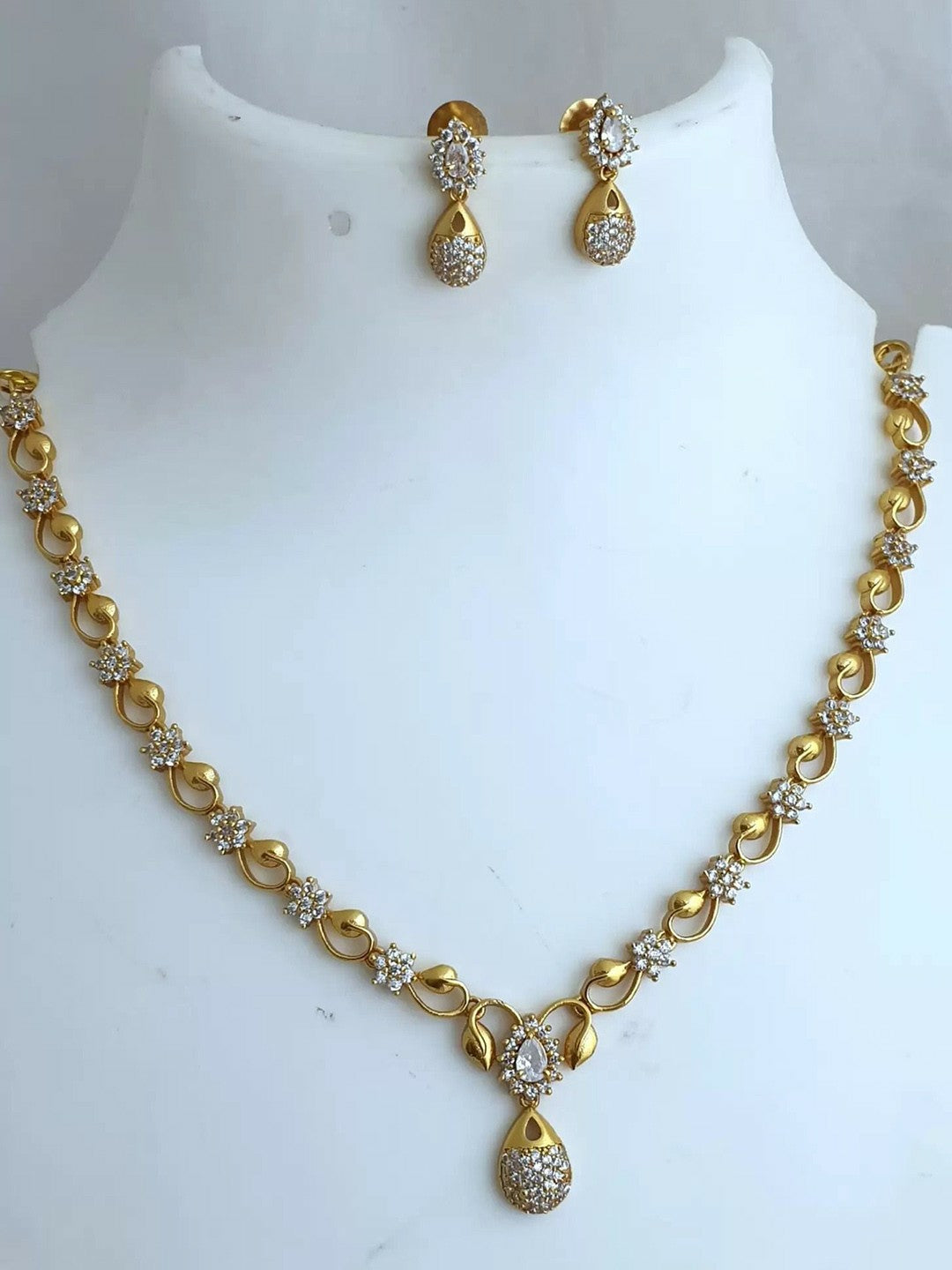 Gold-Plated Cubic Zirconia Studded Necklace & Earring Set