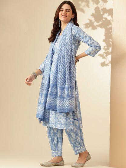 Blue Floral Printed Kurta with Patiala & Dupatta