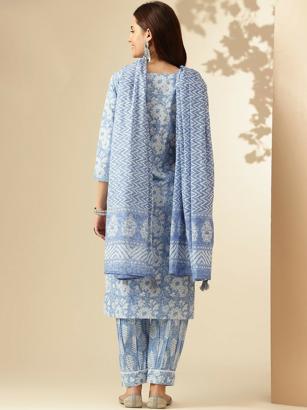 Blue Floral Printed Kurta with Patiala & Dupatta