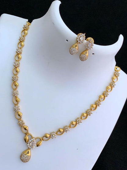 Gold-Plated Cubic Zirconia Studded Necklace & Earring Set