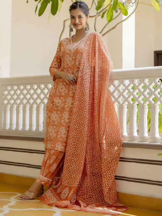Orange Floral Yoke Kurta with Patiala Dupatta Set