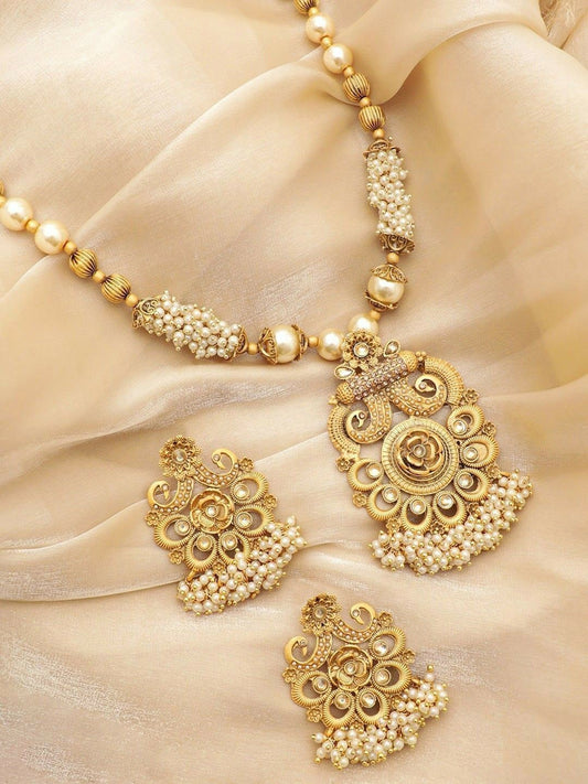 Gold-Plated Beaded Temple Jewellery Set with Peacock Pendant & Earrings