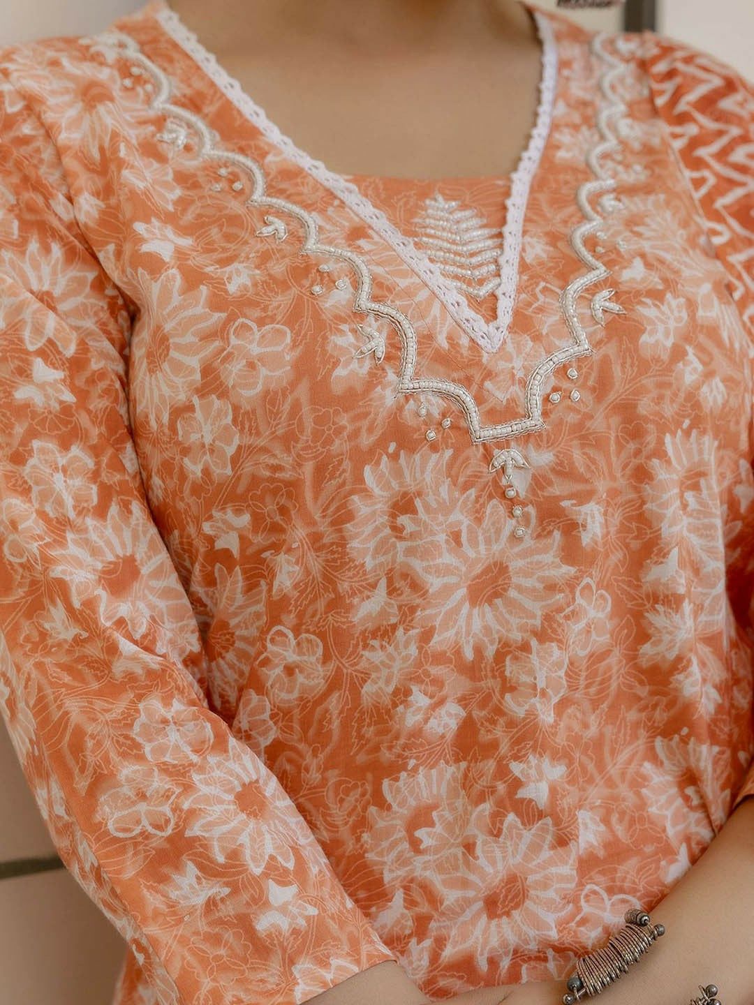 Orange Floral Yoke Kurta with Patiala Dupatta Set