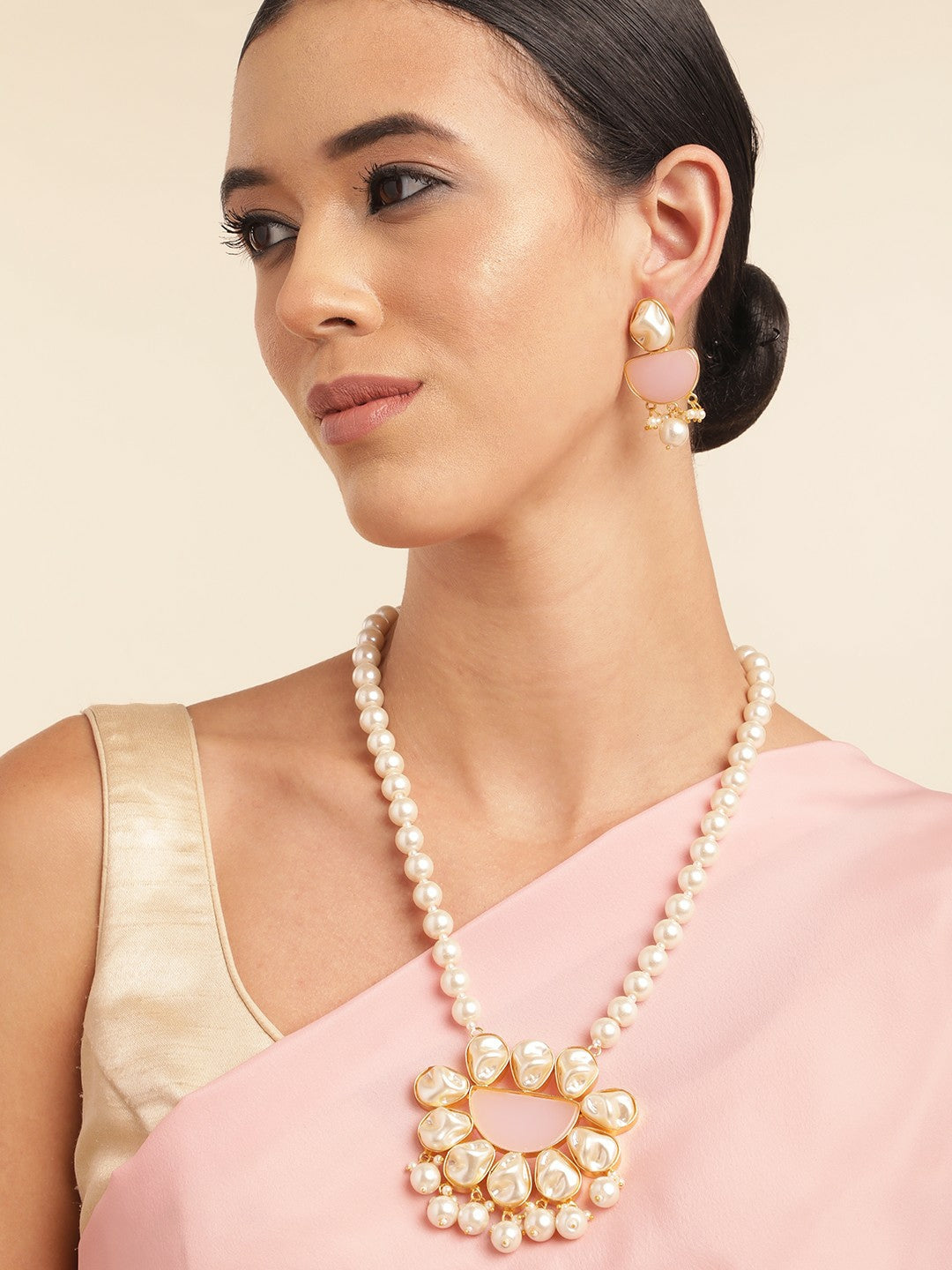 Gold Plated Beaded Necklace & Earrings with MOP & Quartz Stones