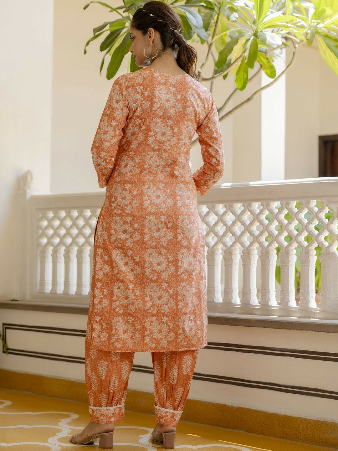 Orange Floral Yoke Kurta with Patiala Dupatta Set