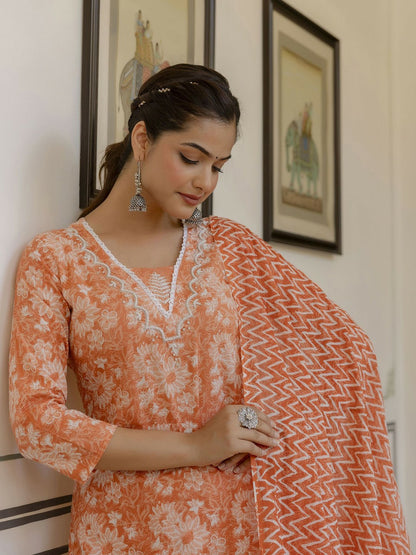 Orange Floral Yoke Kurta with Patiala Dupatta Set