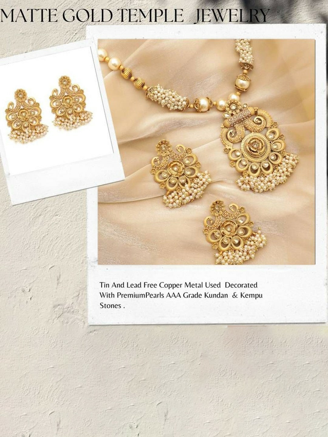 Gold-Plated Beaded Temple Jewellery Set with Peacock Pendant & Earrings