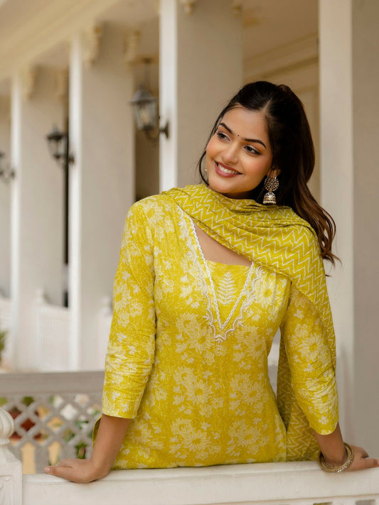 Yellow Floral Yoke Design Straight Kurta with Patiala & Dupatta