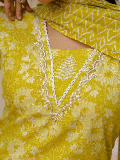 Yellow Floral Yoke Design Straight Kurta with Patiala & Dupatta