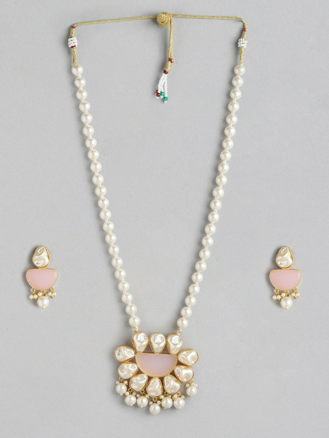 Gold Plated Beaded Necklace & Earrings with MOP & Quartz Stones