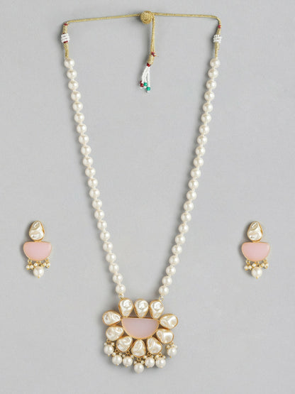 Gold Plated Beaded Necklace & Earrings with MOP & Quartz Stones