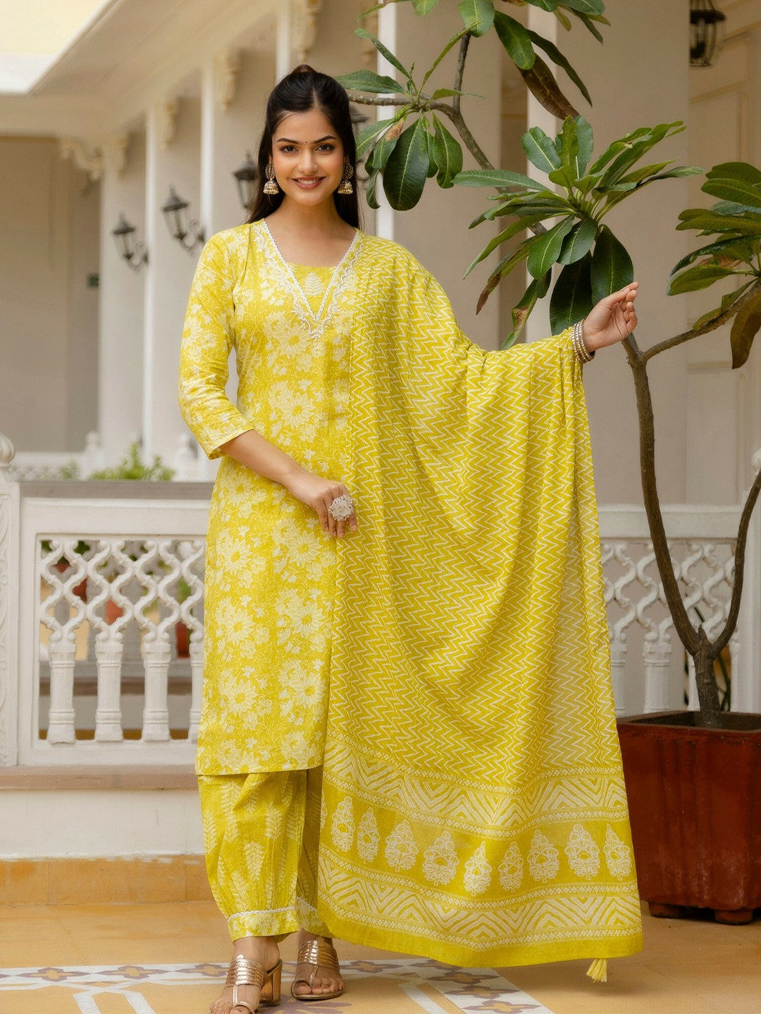 Yellow Floral Yoke Design Straight Kurta with Patiala & Dupatta